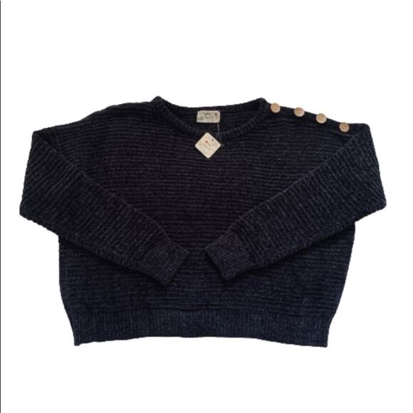 Poof Apparel Cropped Sweater Charcoal Gray Chenille Drop Shoulder Top Large NEW - Picture 8 of 12